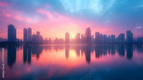 AI generated illustration of an urban skyline at sunset reflected in misty lake