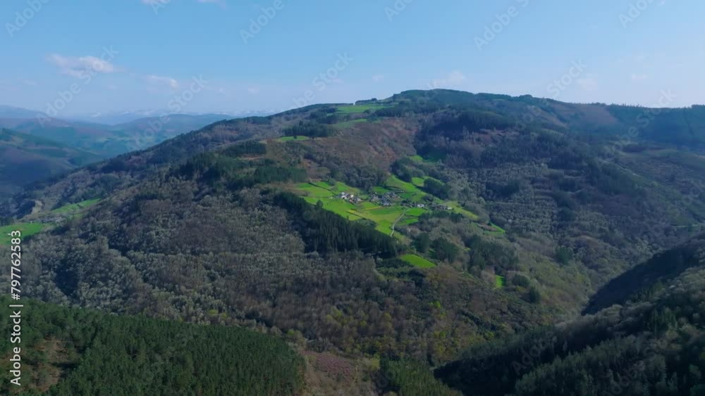 Drone shot of a mountainous terrain covered in trees. Drone shot of a mountainous terrain covered in trees.