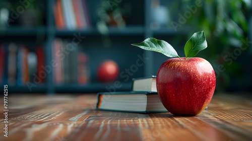 Red apple on teacher's desk with stack of books, blurred student desks in the background. Educational environment concept. Suitable for back-to-school designs and print. Large copy space