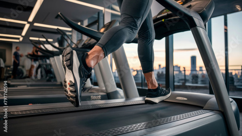 Evening Cardio Workout: Man Running on Treadmill with Cityscape View photo