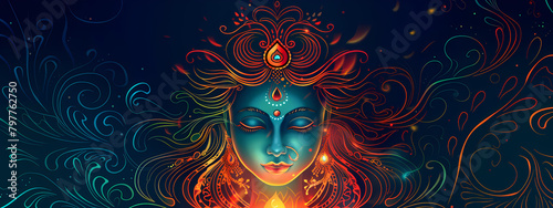 Indian Goddess Kali Maa on dark blue background. Goddess Durga Face. Religious festival of Hinduism Kali puja or Shyama Puja. Happy Durga Puja Subh Navratri photo