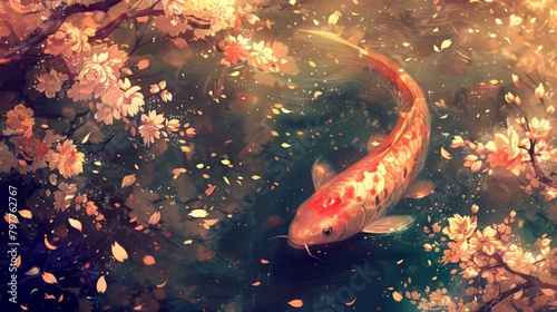 Koi fish in the pond with cherry blossom background. Vintage style.