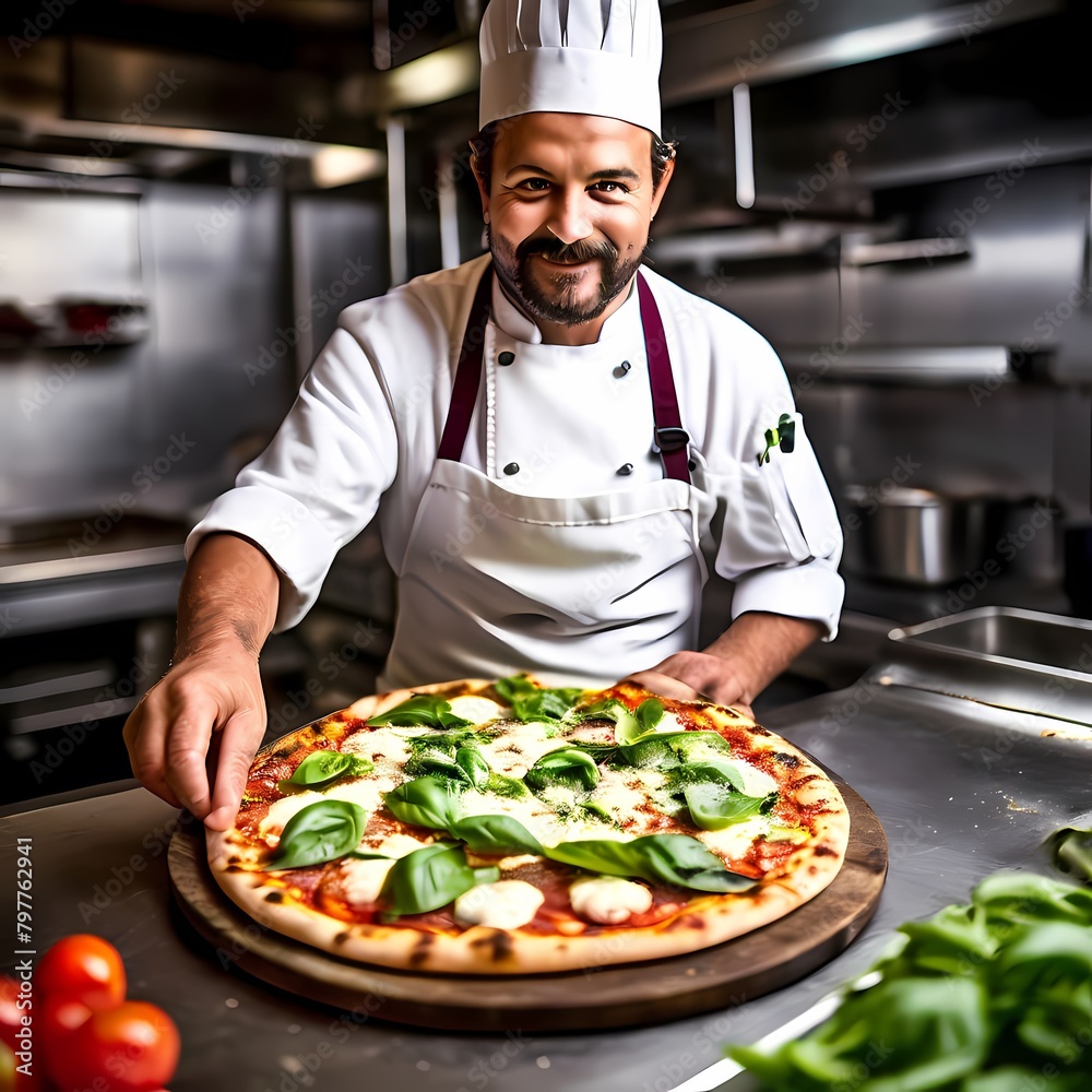 An artisan chef in a commercial kitchen presents a handcrafted margherita pizza adorned with fresh vegetables, Ai Generated An artisan chef in a commercial kitchen presents a handcrafted margherita pizza adorned with fresh vegetables, Ai Generated
