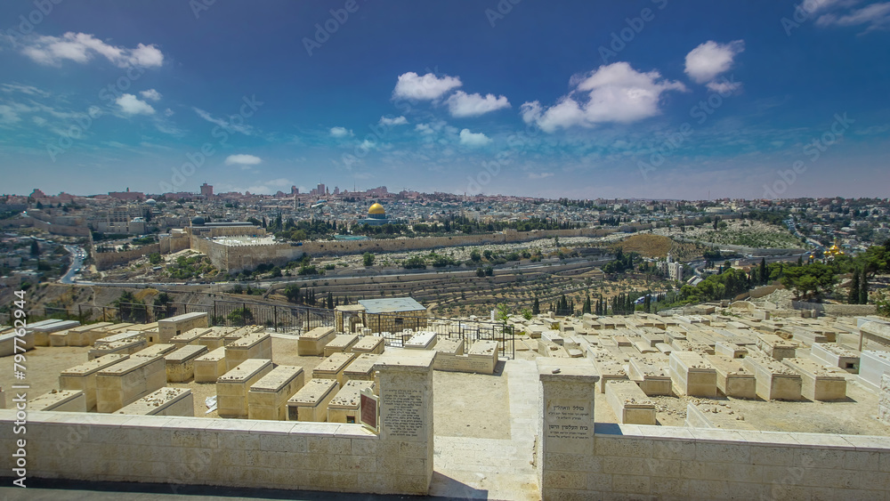 Panoramic view on Jerusalem timelapse hyperlapse with the Dome of the Rock from the Mount of Olives.