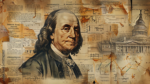 vintage collage style antique portrait illustration of Benjamin Franklin, old newspaper texture, press