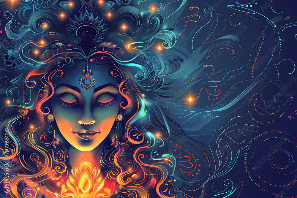 Indian Goddess Kali Maa on dark blue background. Goddess Durga Face. Religious festival of Hinduism Kali puja or Shyama Puja. Happy Durga Puja Subh Navratri