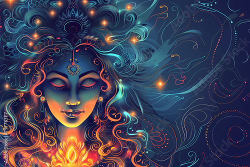 Indian Goddess Kali Maa on dark blue background. Goddess Durga Face. Religious festival of Hinduism Kali puja or Shyama Puja. Happy Durga Puja Subh Navratri