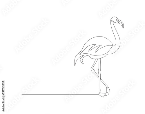 Continuous line drawing of flamingo bird. One line of flamingo bird. Exsotic bird concept continuous line art. Editable outline.