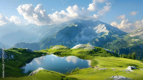 A small lake high in the mountains surrounded by green meadows. Natural background. Illustration for cover  card  postcard  interior design  banner  poster  brochure or presentation.