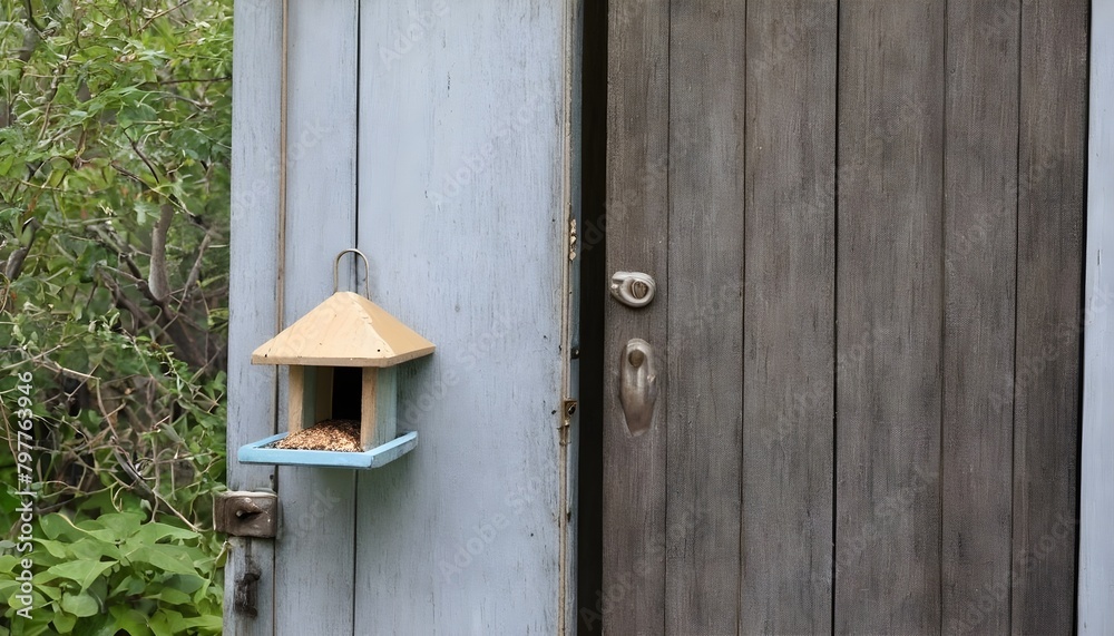A Weathered Door With A Bird Feeder Hanging On It In A Backyard   (4)