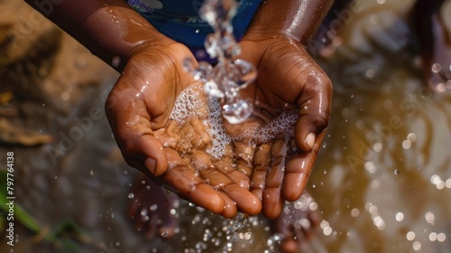 The act of giving: Clean water flows from volunteer to child, a survival gesture. World Humanitarian Day, August 19