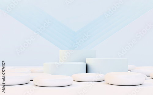 Abstract cylindrical pedestal for product presentation  modern light blue winner podium on blue background  3d render  3d illustration