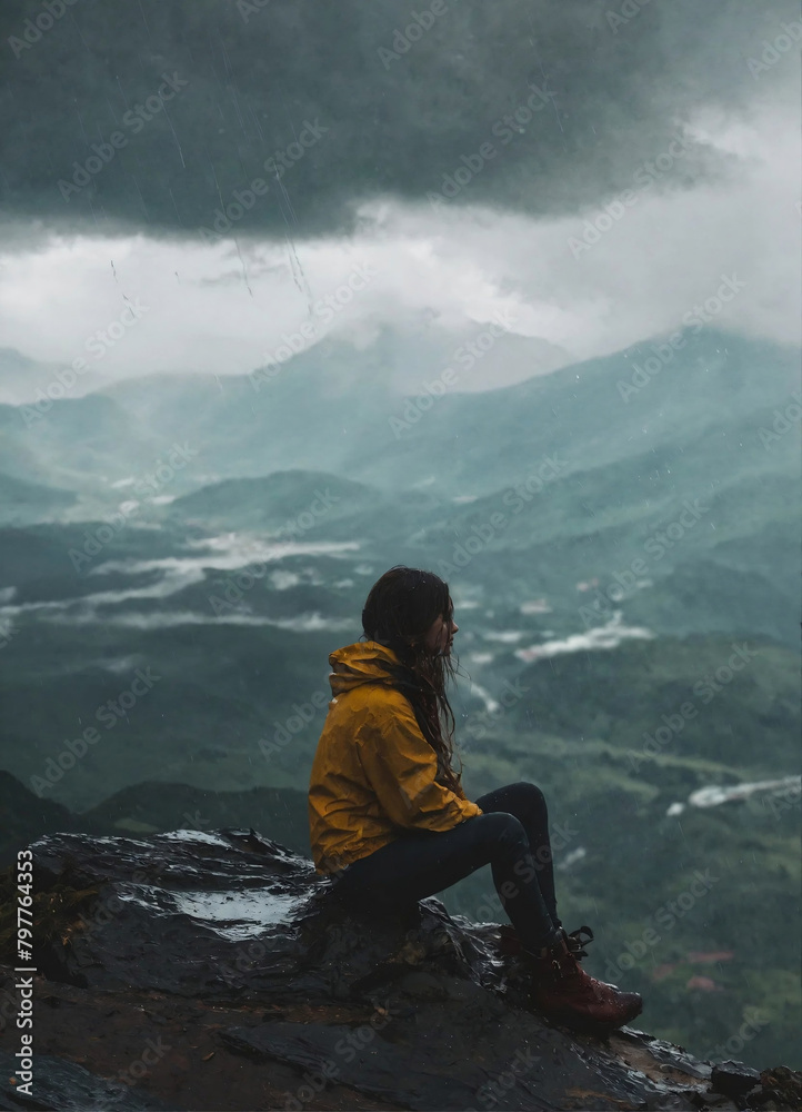 Girl in a jacket sitting on the edge of a mountain while it is raining