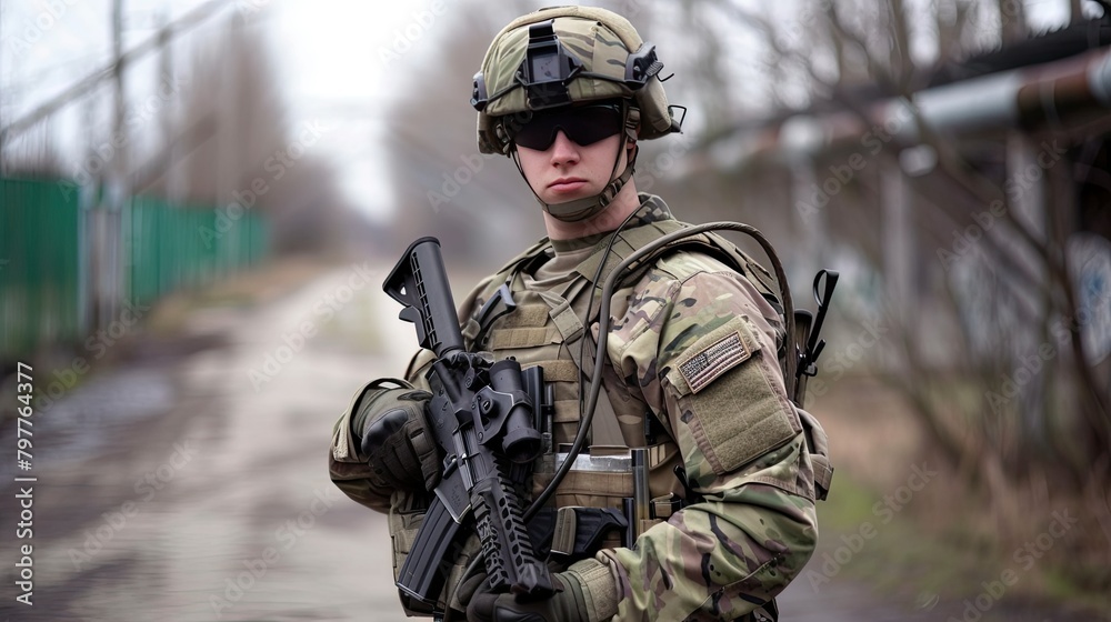 Fototapeta premium The military man stands tall with his rifle in hand, exuding an aura of unwavering strength and readiness for action on the battlefield.