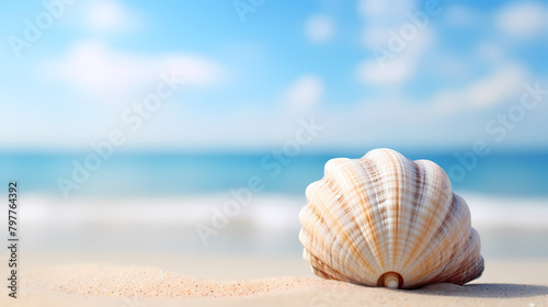 Close-up of beautiful seashells on the beach, blue sky and ocean background