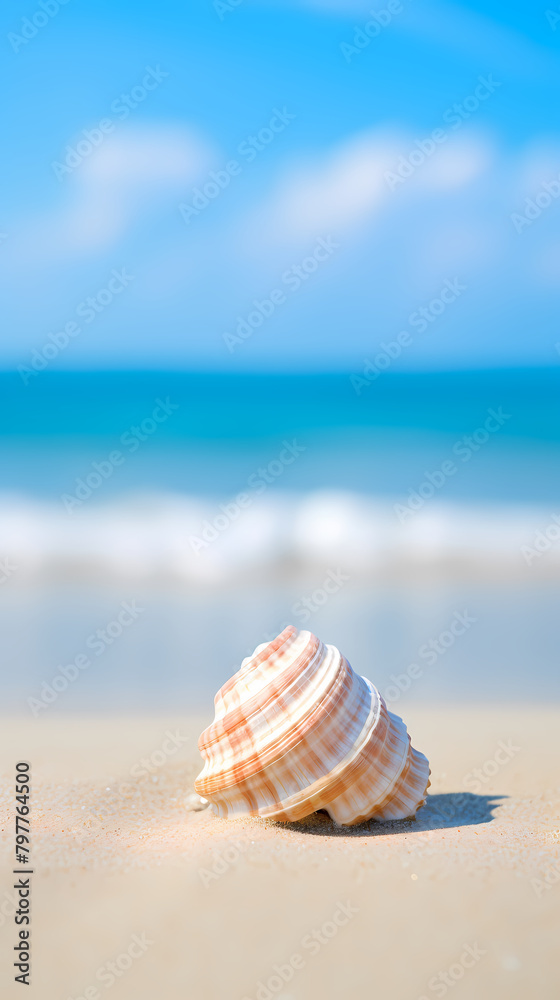 Close-up of beautiful seashells on the beach, blue sky and ocean background Close-up of beautiful seashells on the beach, blue sky and ocean background