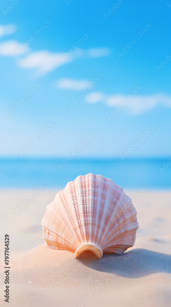 Close-up of beautiful seashells on the beach, blue sky and ocean background Close-up of beautiful seashells on the beach, blue sky and ocean background