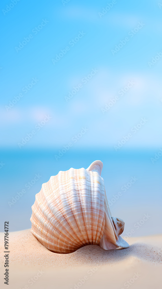 Close-up of beautiful seashells on the beach, blue sky and ocean background Close-up of beautiful seashells on the beach, blue sky and ocean background