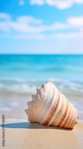 Close-up of beautiful seashells on the beach, blue sky and ocean background