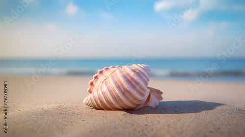 Close-up of beautiful seashells on the beach, blue sky and ocean background