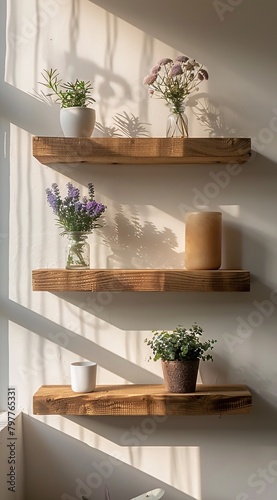 a shelf with plants and a candle on it photo