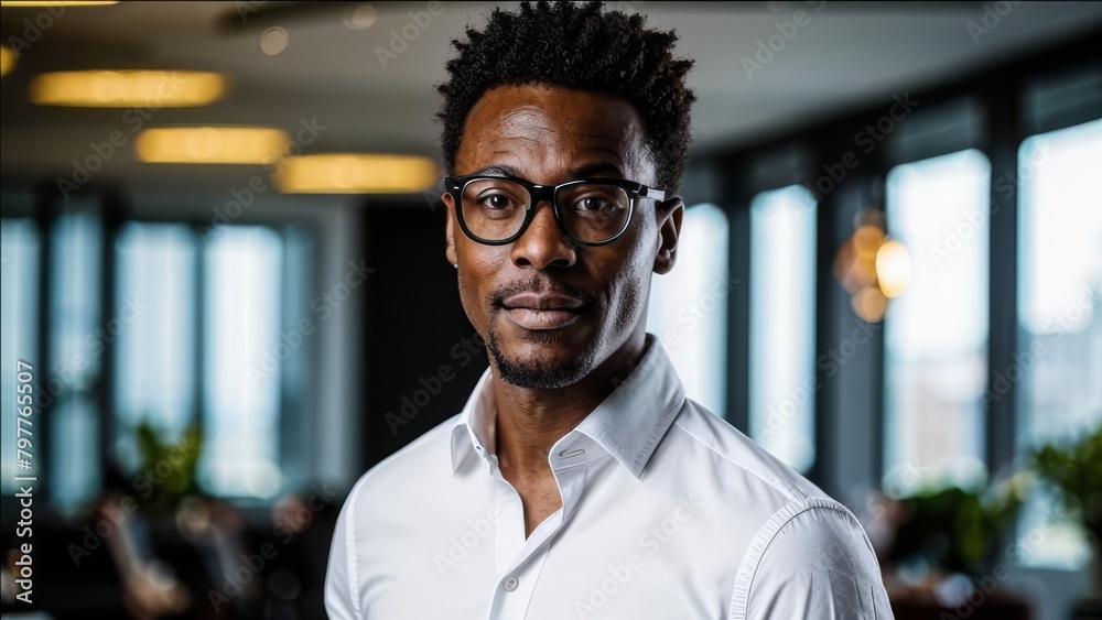 Dark-skinned guy with glasses and a white shirt.