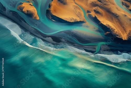 AI generated illustration of an aerial view of a meandering blue river
