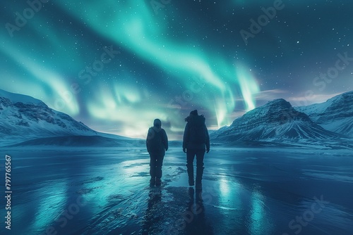 AI generated illustration of two individuals on ice in front of a mountain under the Aurora Borealis
