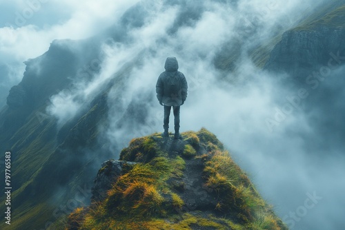 AI generated illustration of a hiker on a mountain peak gazing at mist below