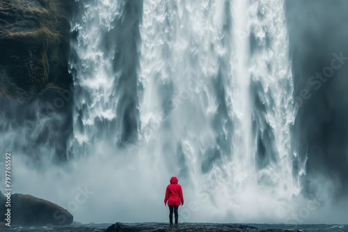AI generated illustration of a person in a red coat observing waterfall