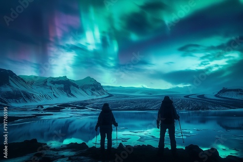 AI generated illustration of two individuals in a snowy landscape under aurora borealis