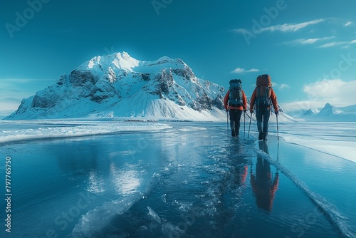 AI generated illustration of two hikers with backpacks trekking on icy mountain lake in winter