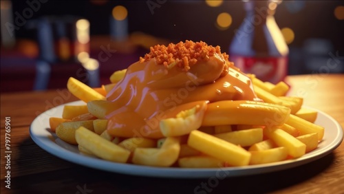 Large portion of French fries drizzled with sauce.