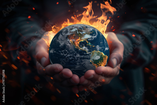 Hands holding Earth globe burning into flames, America destroyed by fire, conceptual illustration of global warming, temperature increase on planet, extreme heat and climate change disaster
