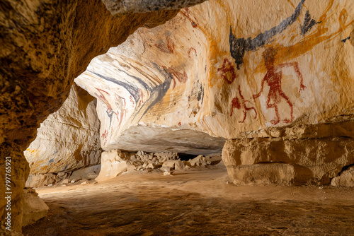 AI generated illustration of a cave with ancient rock art on walls and floor photo