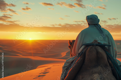 AI generated illustration of a nomadic African tribe traveling towards the sunset on camels photo