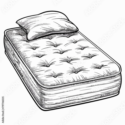 Illustration of a single soft mattress with pillows on a white background