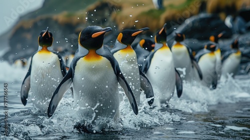 Antarctica Penguins In The Ocean Sea. Waves With Group Of Birds - Generative AI