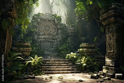 Old beautiful ancient temple in the jungle. Tropical landscape with mystic ruins. Remains of an ancient civilization in the mystical jungle. Travel and vacation  exploration and adventure concept