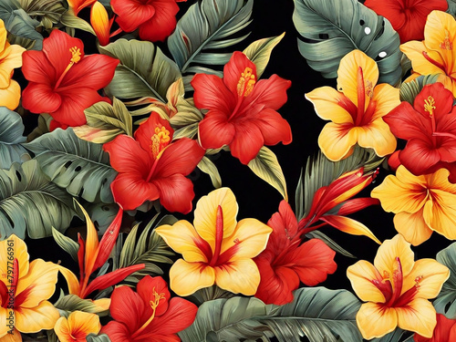 seamless pattern red and yellow tropical flowers