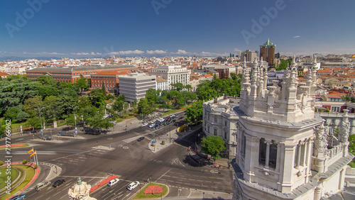Aerial view of Cibeles fountain at Plaza de Cibeles in Madrid timelapse in a beautiful summer day, Spain photo