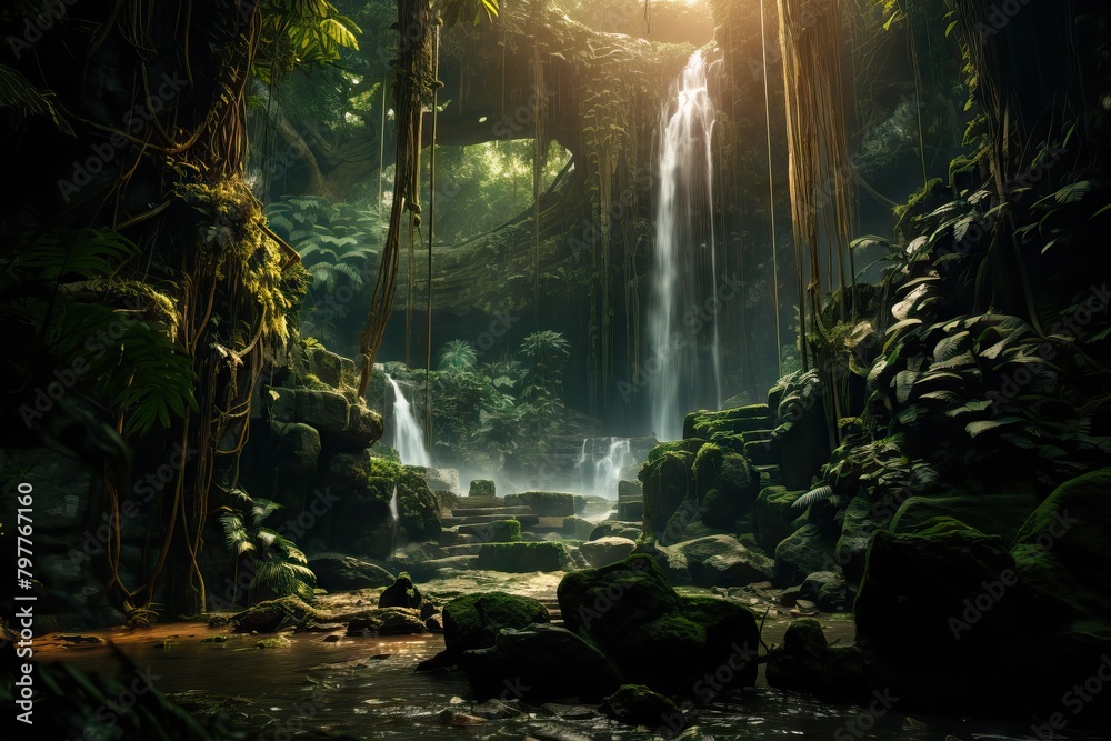 Obraz premium Old beautiful ancient temple in the jungle. Tropical landscape with mystic ruins. Travel and vacation, exploration and adventure concept