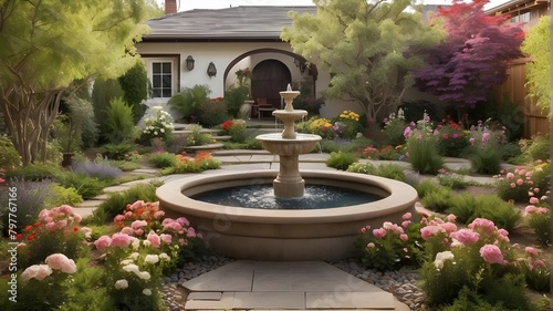  A tranquil backyard garden with blooming flowers and a peaceful fountain