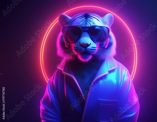Cyber punk retro look pijama party cool tiger wearing dark frame sunglasses under the brightly colored neon lights