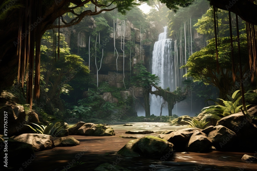 Naklejka premium Beautiful waterfall in the jungle. Tropical landscape with mystic ruins. Travel and vacation, exploration and adventure concept