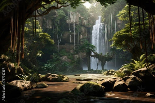Beautiful waterfall in the jungle. Tropical landscape with mystic ruins. Travel and vacation, exploration and adventure concept