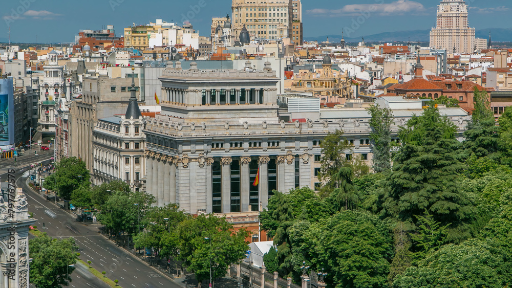 Aerial view from Cibeles Palac to Telefonica Building in Madrid timelapse