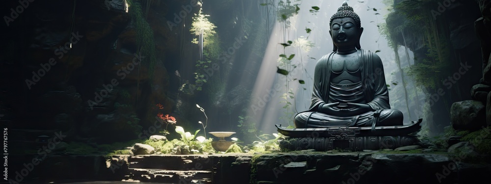 Fototapeta premium Old beautiful ancient temple in the jungle. Tropical landscape with mystic ruins. Travel and vacation, exploration and adventure concept