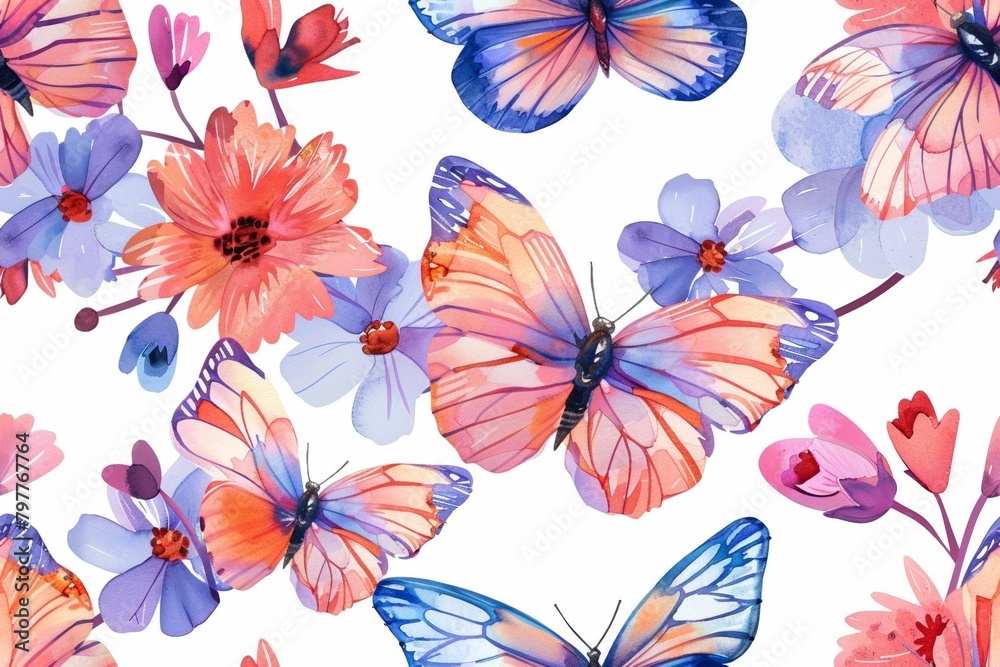 Watercolor butterfly fluttering seamless wings among flowers.