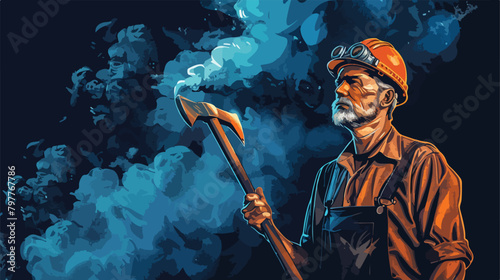 Mature miner man with pick axe and blue smoke on black  photo